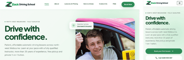 Zack Driving School website shown on desktop and mobile