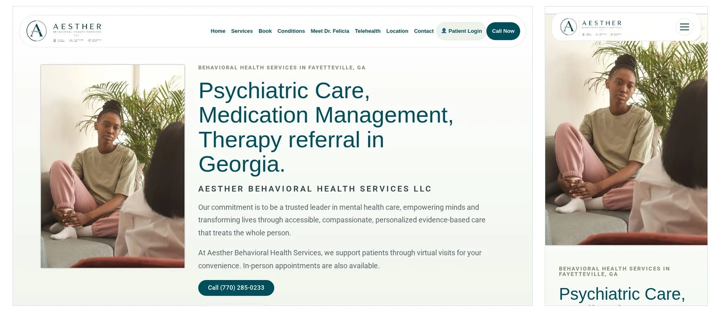 Aesther Behavioral Health Services website shown on desktop and mobile