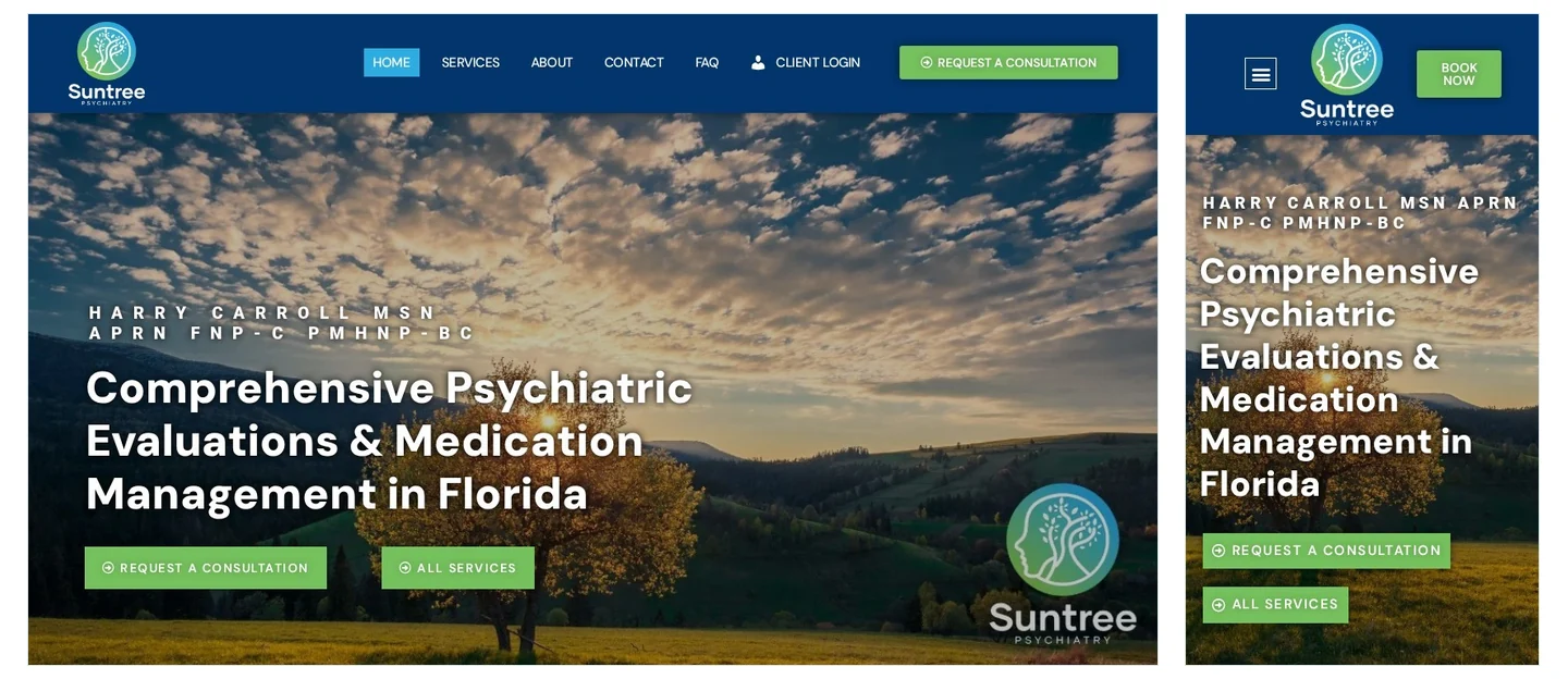 Suntree Psychiatry website shown on desktop and mobile